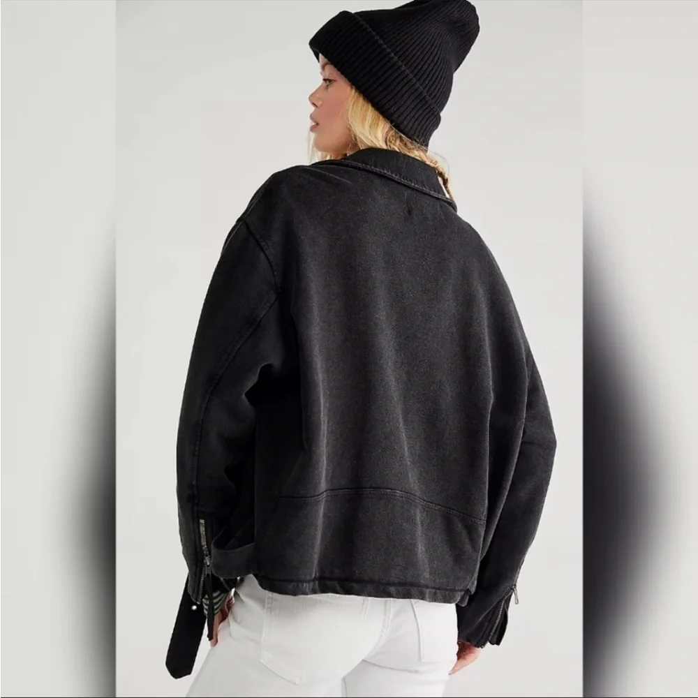 FREE PEOPLE Denim Moto Jacket in Black Rebel Rebel Knit Moto Jacket in Black NWT - Picture 7 of 10